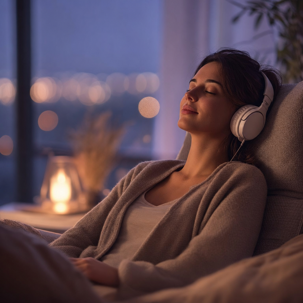 A person relaxing with headphones, eyes closed, in warm light