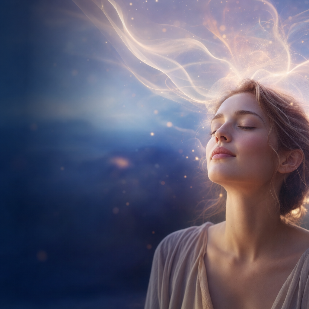 A serene person with soft waves of light around their head