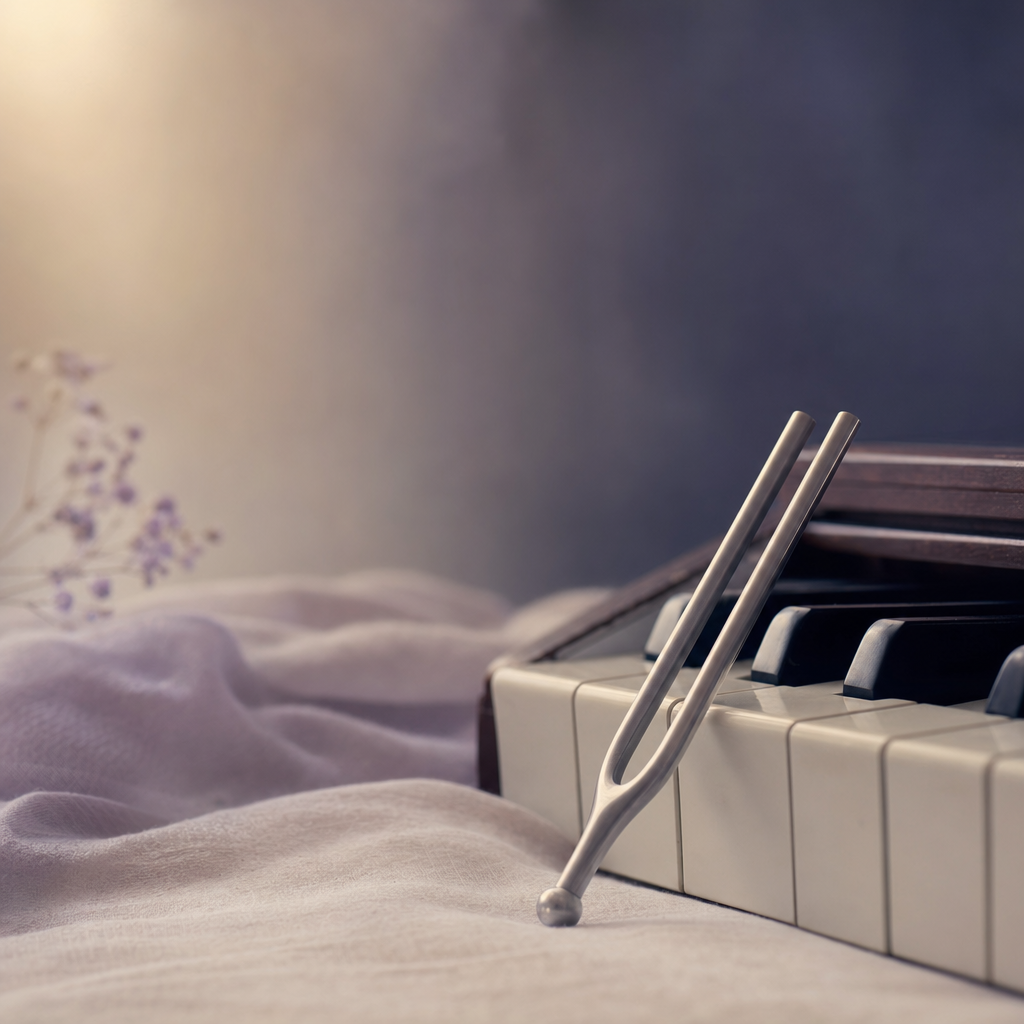 A tuning fork resting beside piano keys in warm light