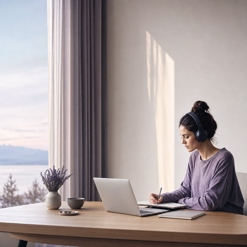 A calm person wearing headphones, focused at a tidy desk