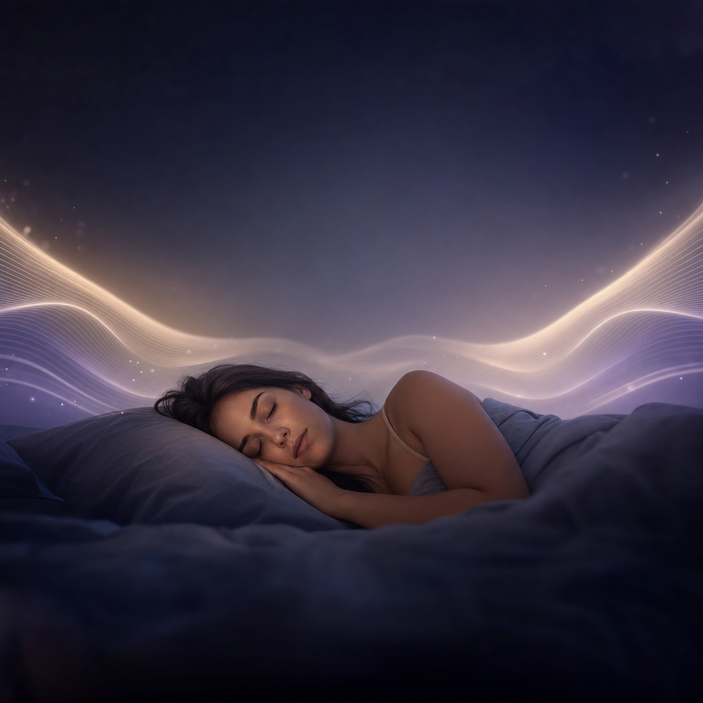 A person asleep at night with soft symmetrical waves of light