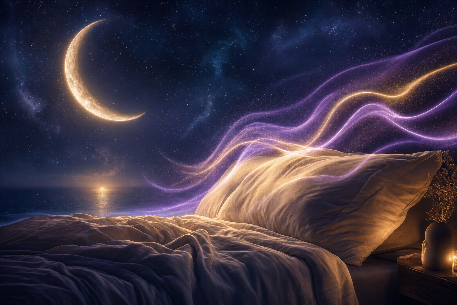 A cozy bed under a calm crescent moon with waves of soft light