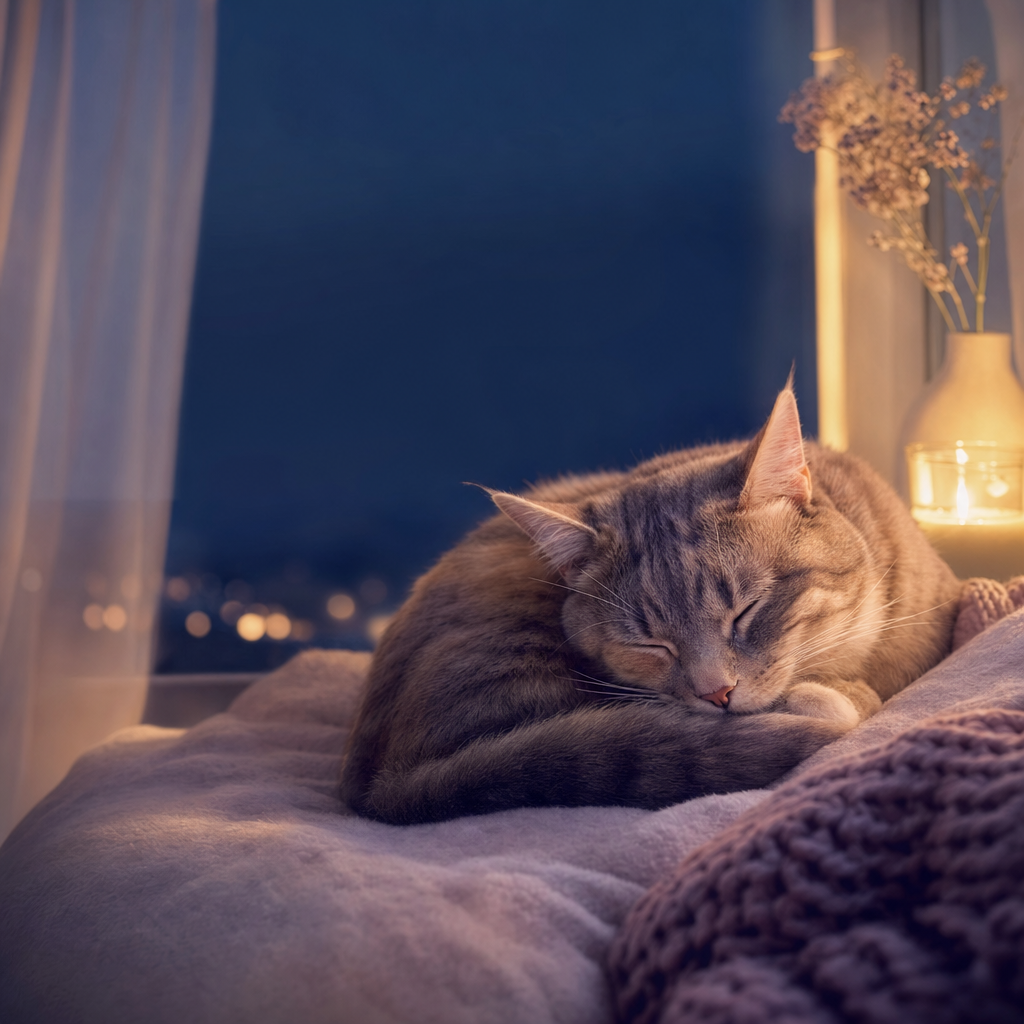 A content cat curled up asleep on a soft blanket