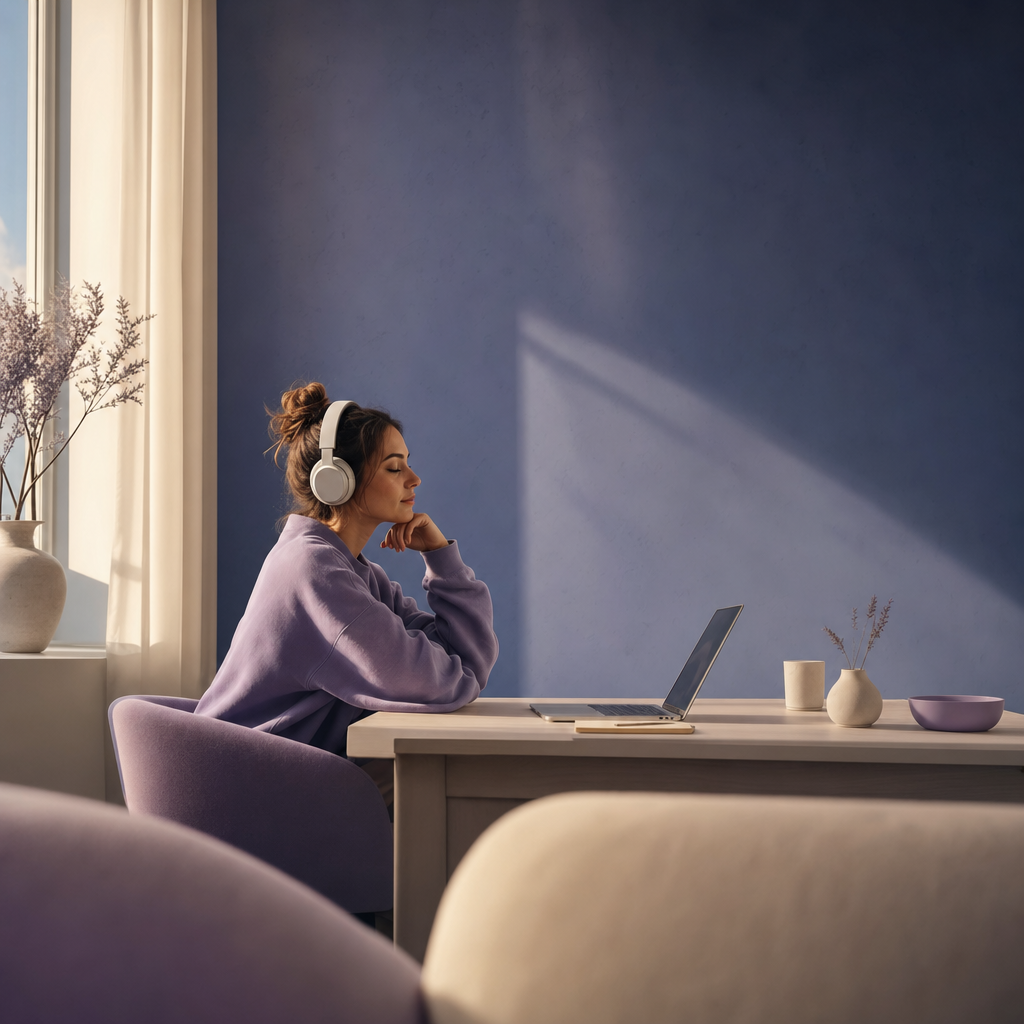 A person in deep focus with headphones at a minimal desk