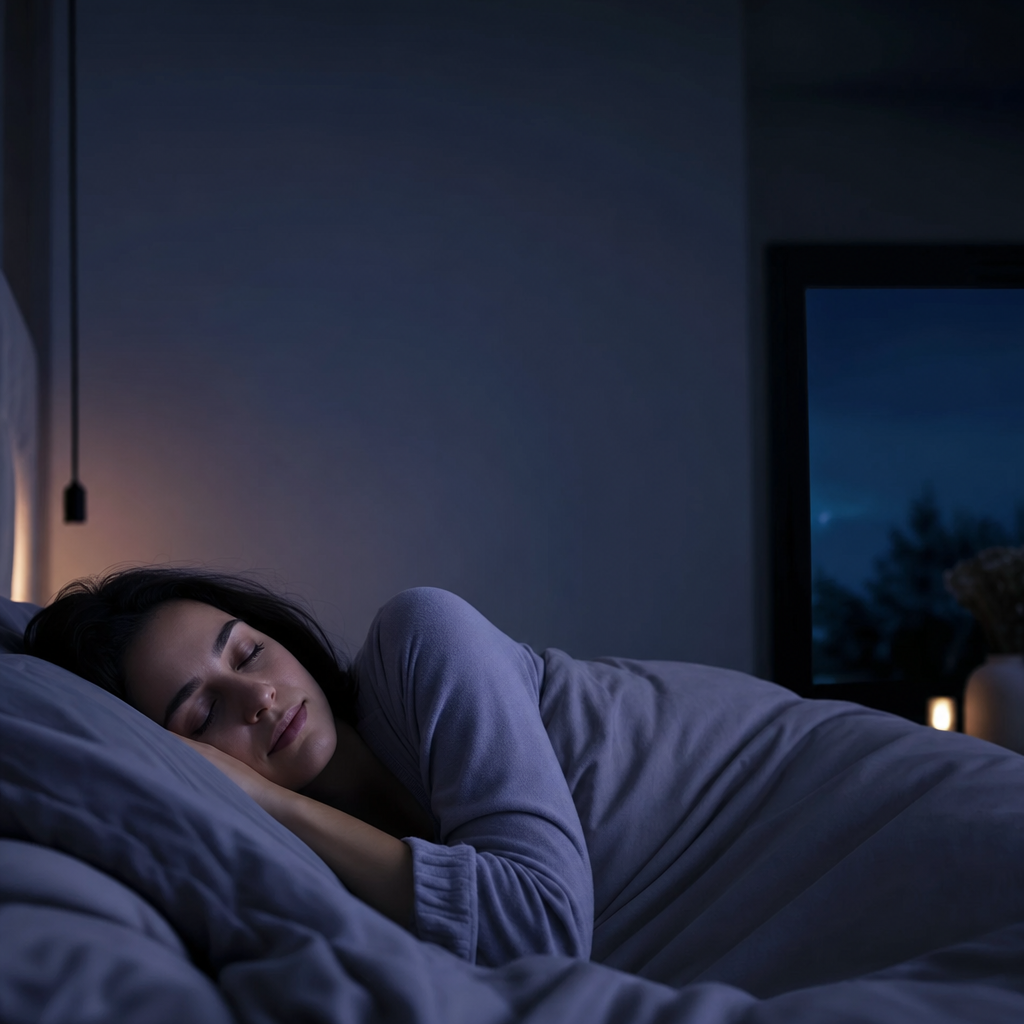 A person in deep, peaceful sleep in a dark bedroom