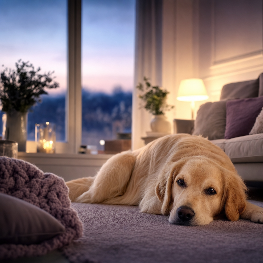 A relaxed happy dog lying down in a warm cozy home