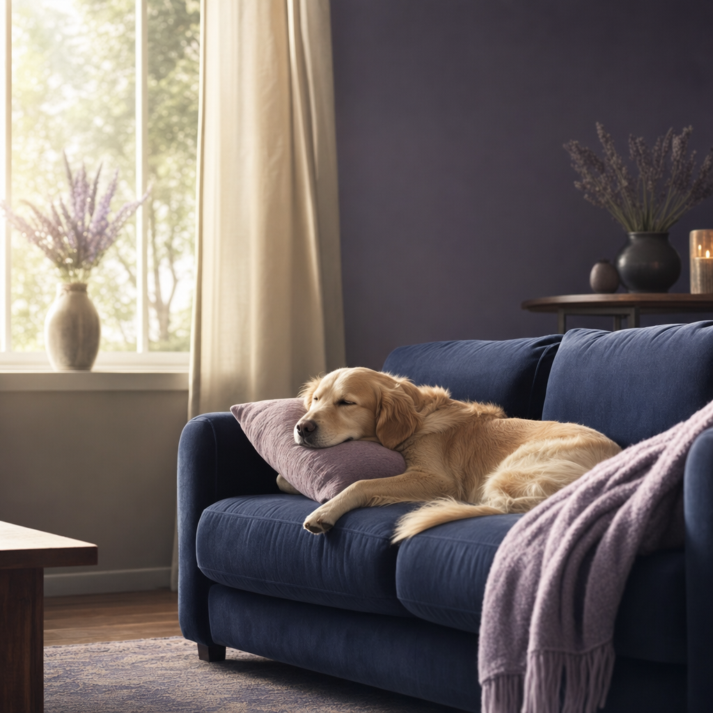 A calm dog resting alone and relaxed by a sunlit window