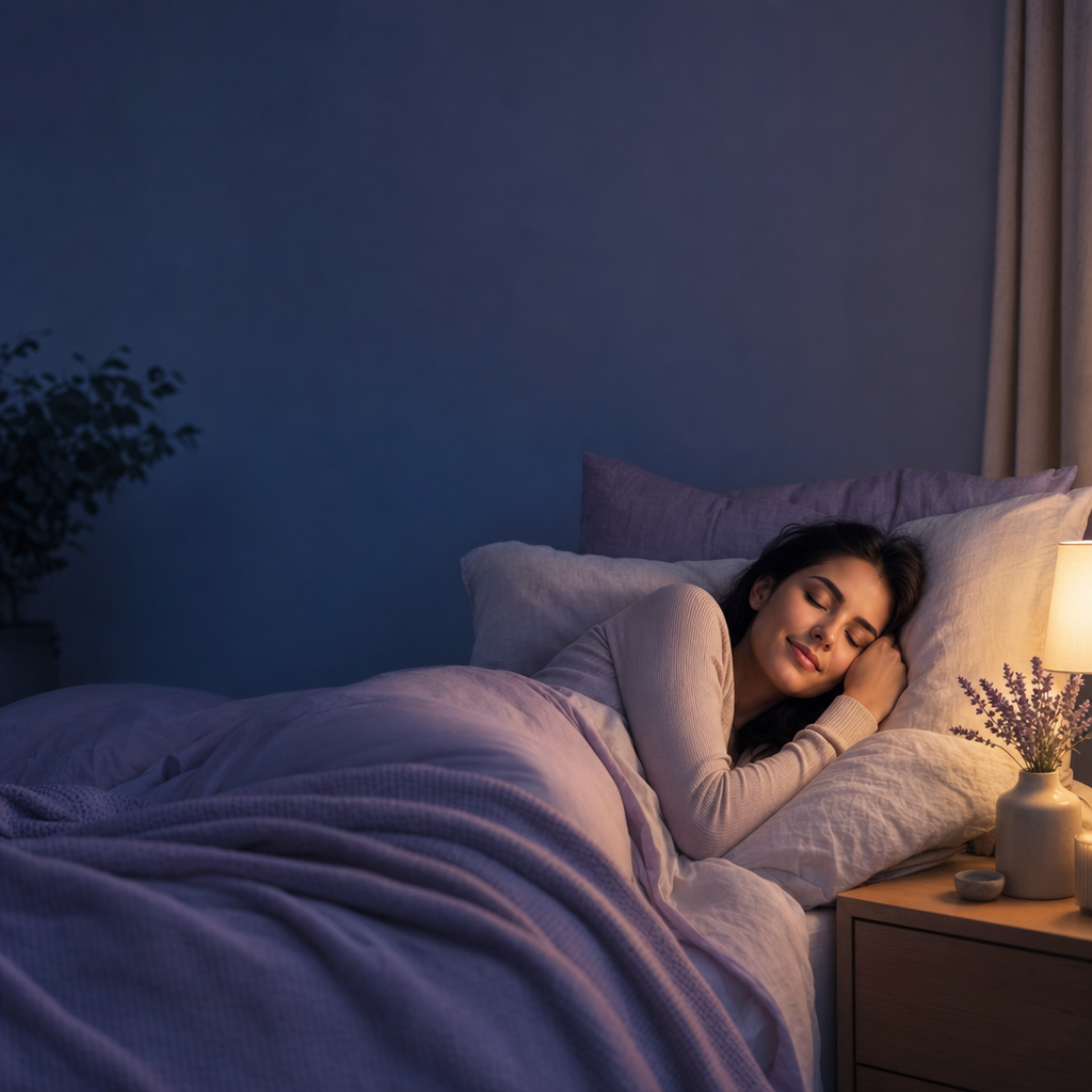 A cozy person settling into bed with a warm bedside lamp