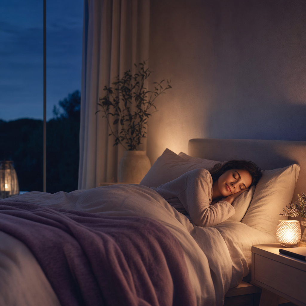 A person finally relaxing into sleep in a cozy dim bedroom