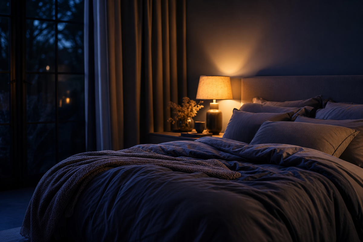 A bedroom at night lit by a warm amber bedside lamp