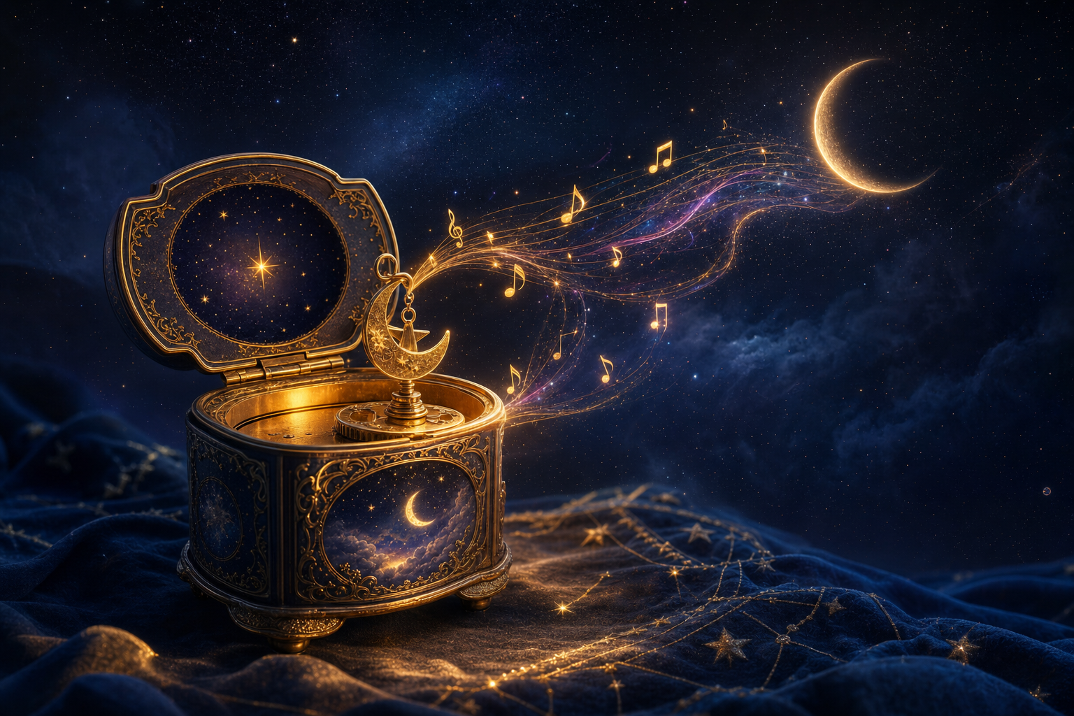 A glowing music box under a starry sky with a crescent moon