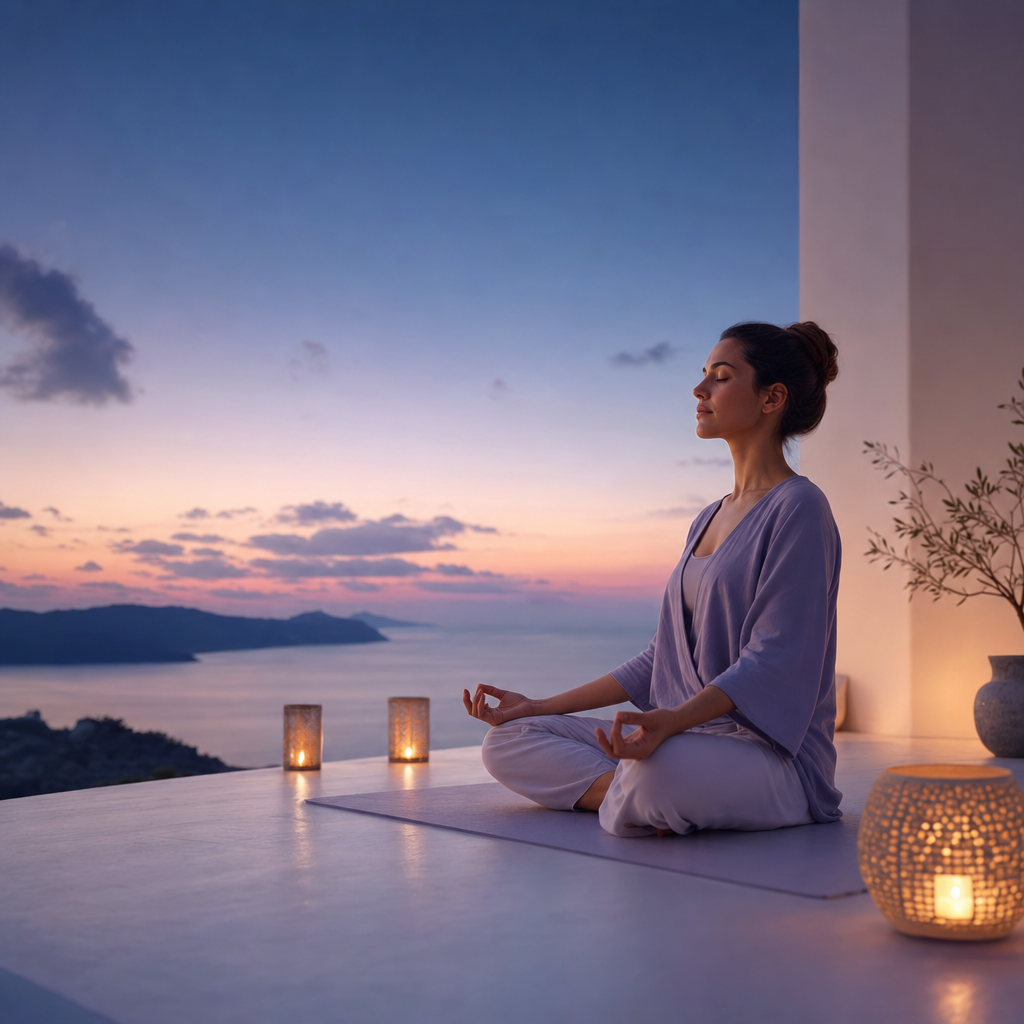 A serene person meditating cross-legged in soft calm light