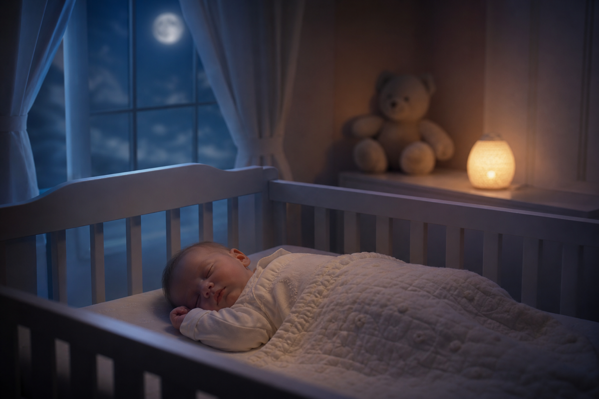 A newborn sleeping peacefully in a softly lit nursery under moonlight