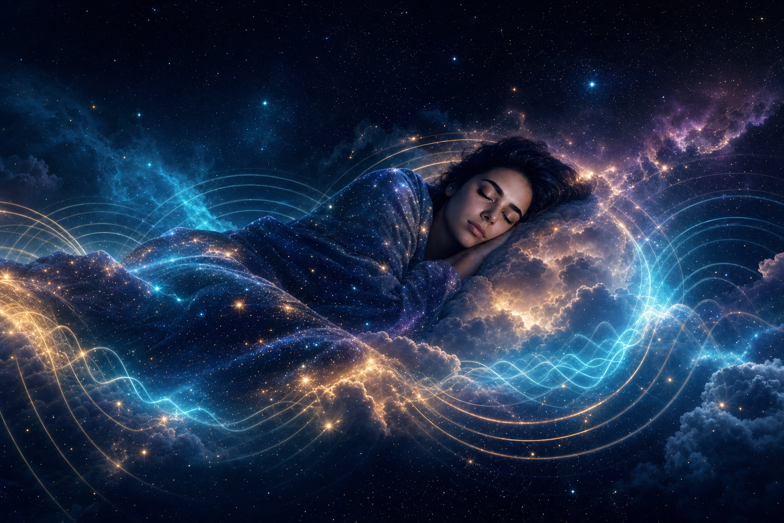 A person sleeping on a cloud adrift in the night cosmos