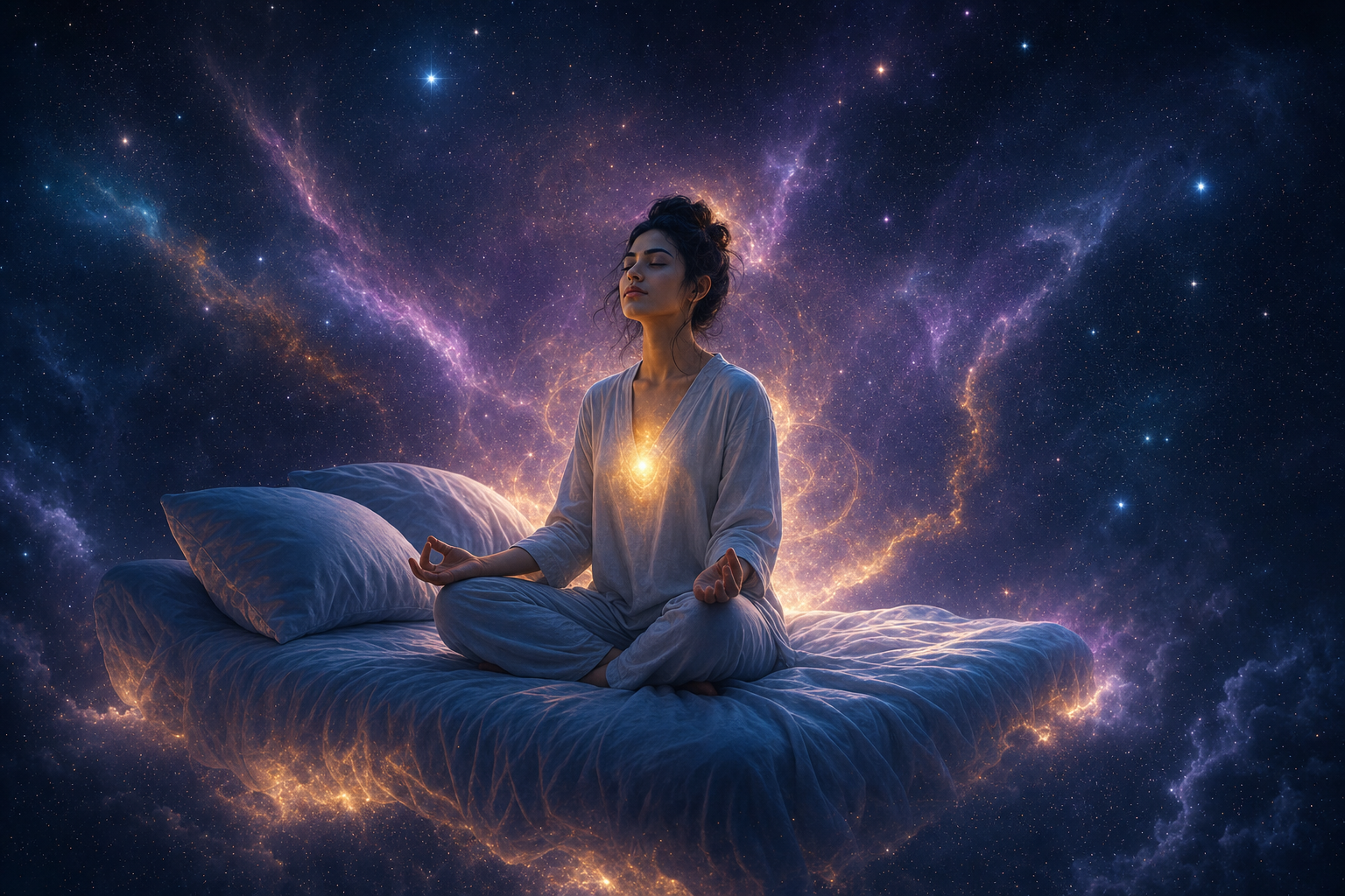A person meditating on a bed floating in soft cosmic space