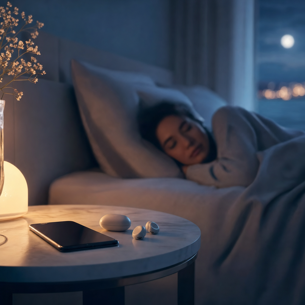 Earbuds and a phone on a bedside table beside a softly lit bed
