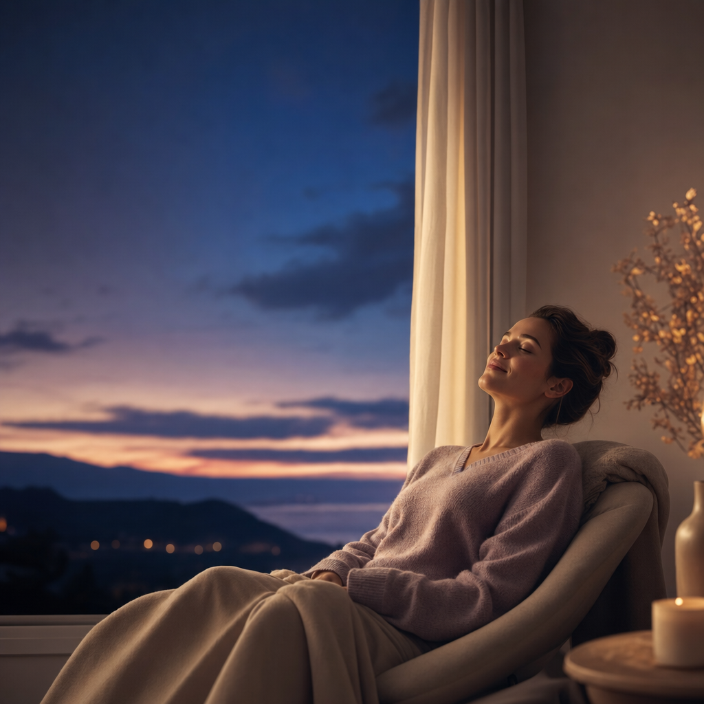 A person relaxing with eyes closed and shoulders dropping