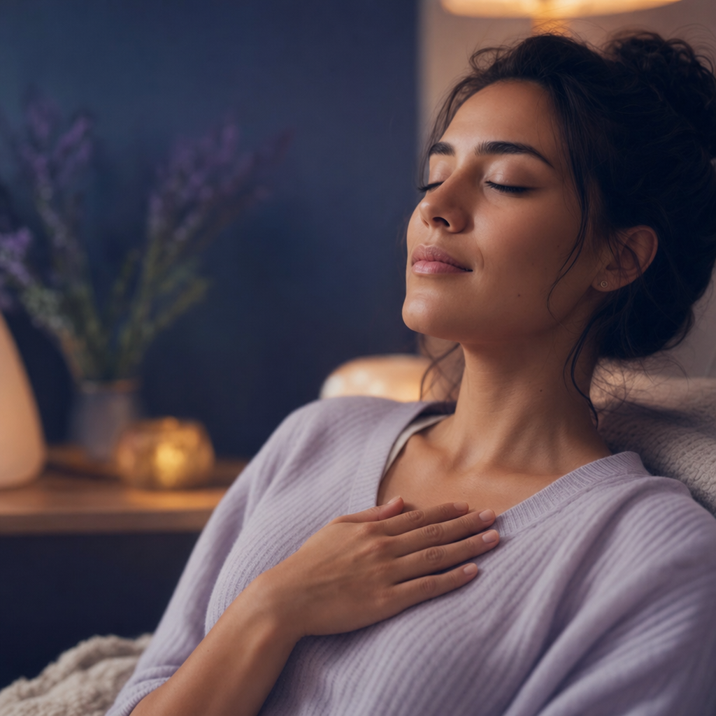 A person resting calmly with a hand on their chest, breathing slowly