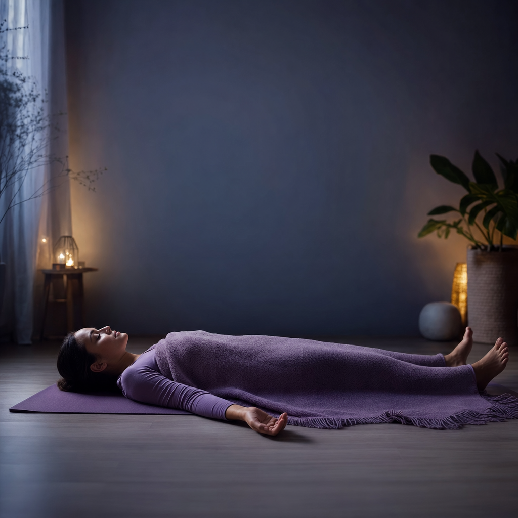 A person resting in savasana under a soft blanket